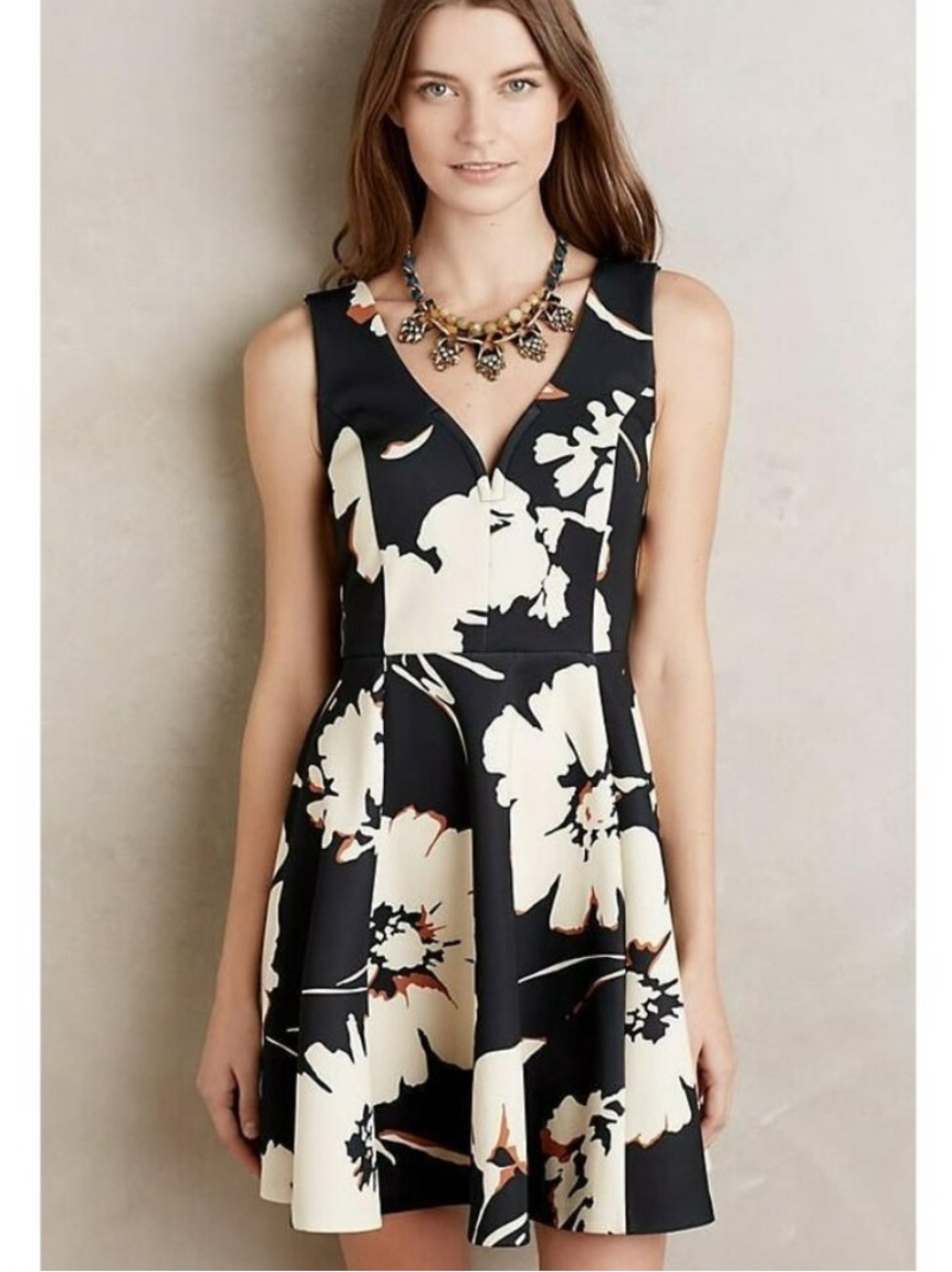 Anthropologie Maeve Amory Floral Print Fit n’ Flare Dress in Black Tan Sz